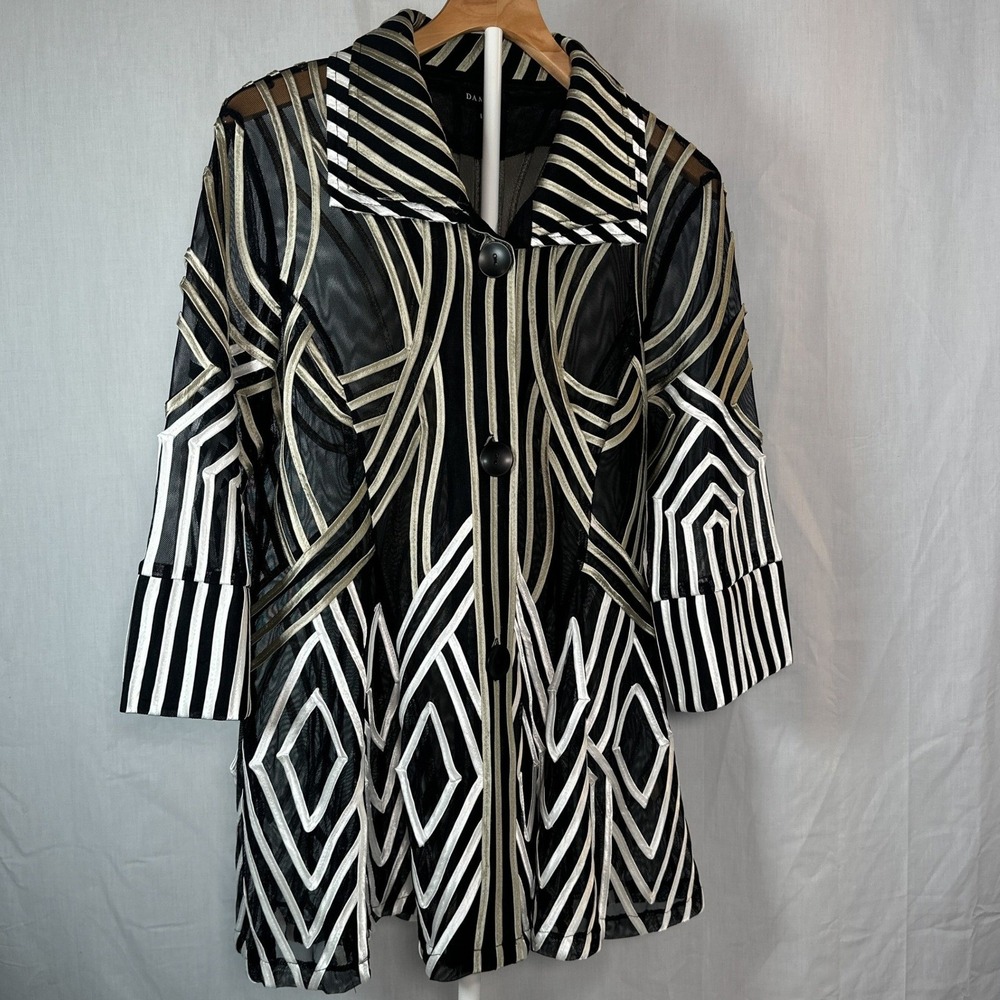 Damee Women Black Mesh Ribbon Geometric Art To Wear Button Front Jacket Large